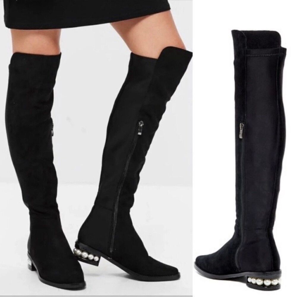 CATHERINE MALANDRINO Black Vegan Suede Over the Knee Pearl Heel Boot 7.5